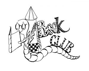 Story time! Book worm with a rocket on its back that says 'zoom' and the words Book Club