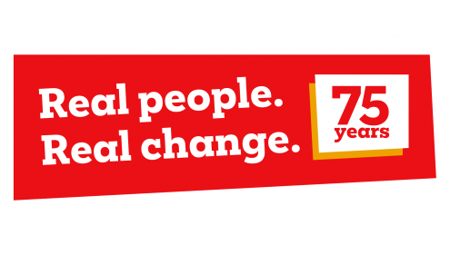 Red and white logo with wording "Real People. Real Change. 75 years of Christian Aid"